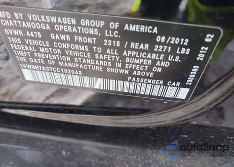 2012 Volkswagen Passat Se from USA, damaged, VIN 1VWBH7A37CC102043